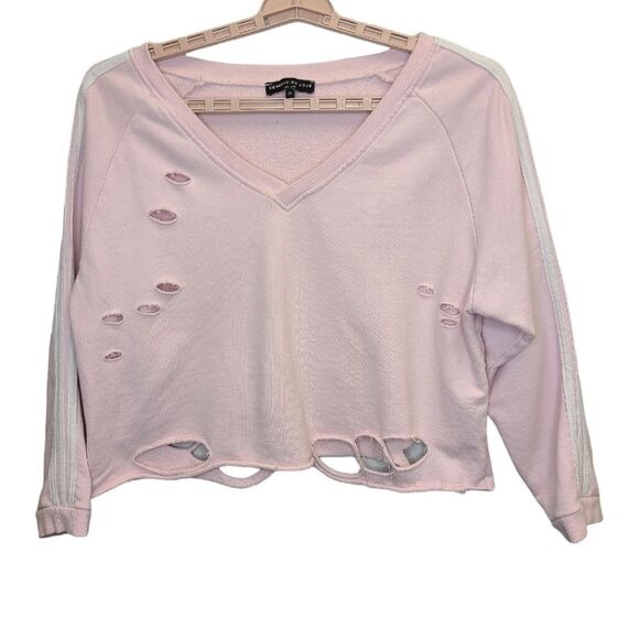 Generation Love Sweaters - Generation Love Distressed V Neck Light Pink Crop Sweater Pink M